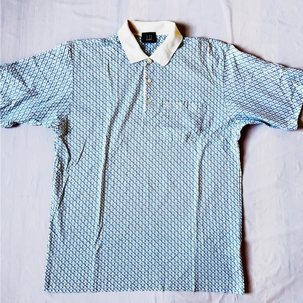 Dunhill Mercerized Cotton Polo Shirt blue Geometric Logo Italy VTG pocket men XL